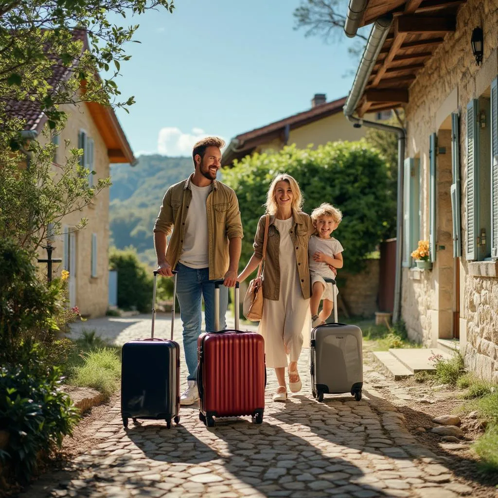 Familia feliz llegando a su nuevo hogar en el extranjero
