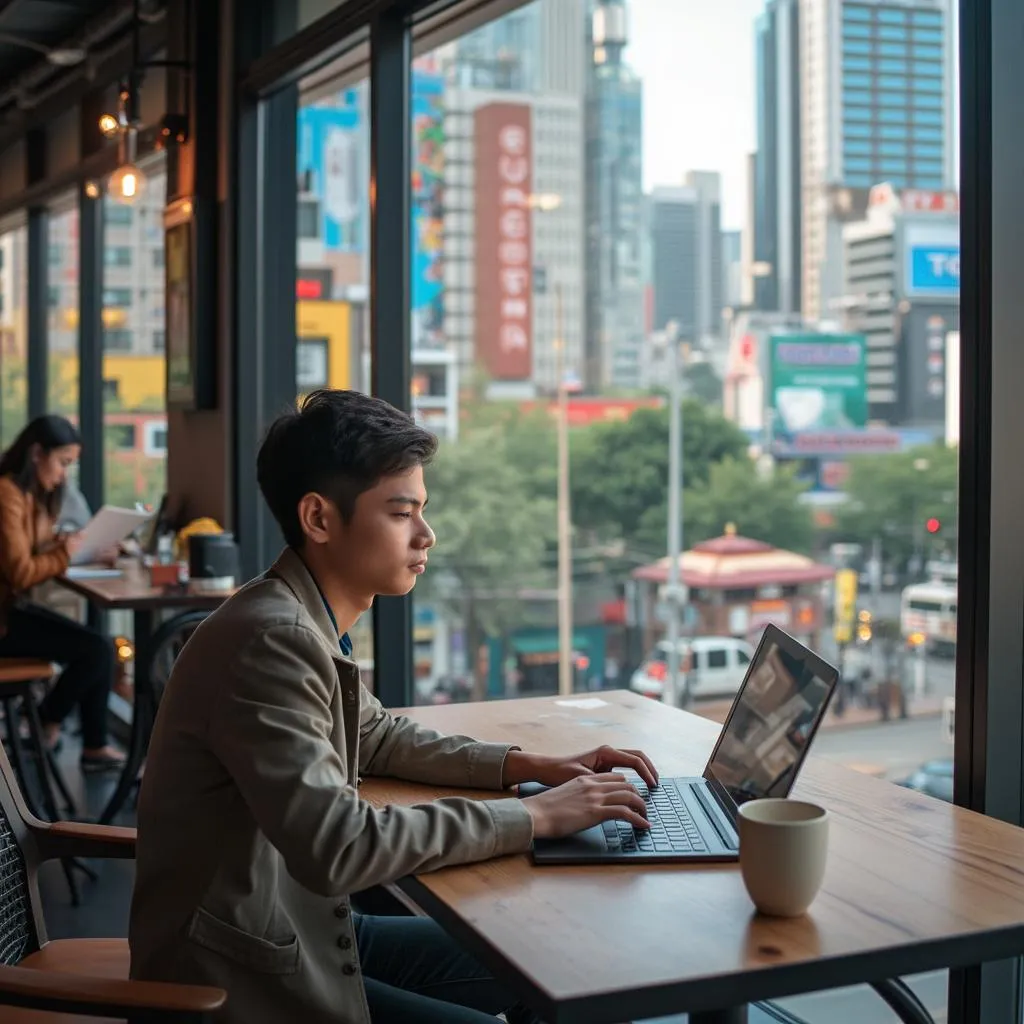 Joven profesional trabajando en su laptop en una nueva ciudad
