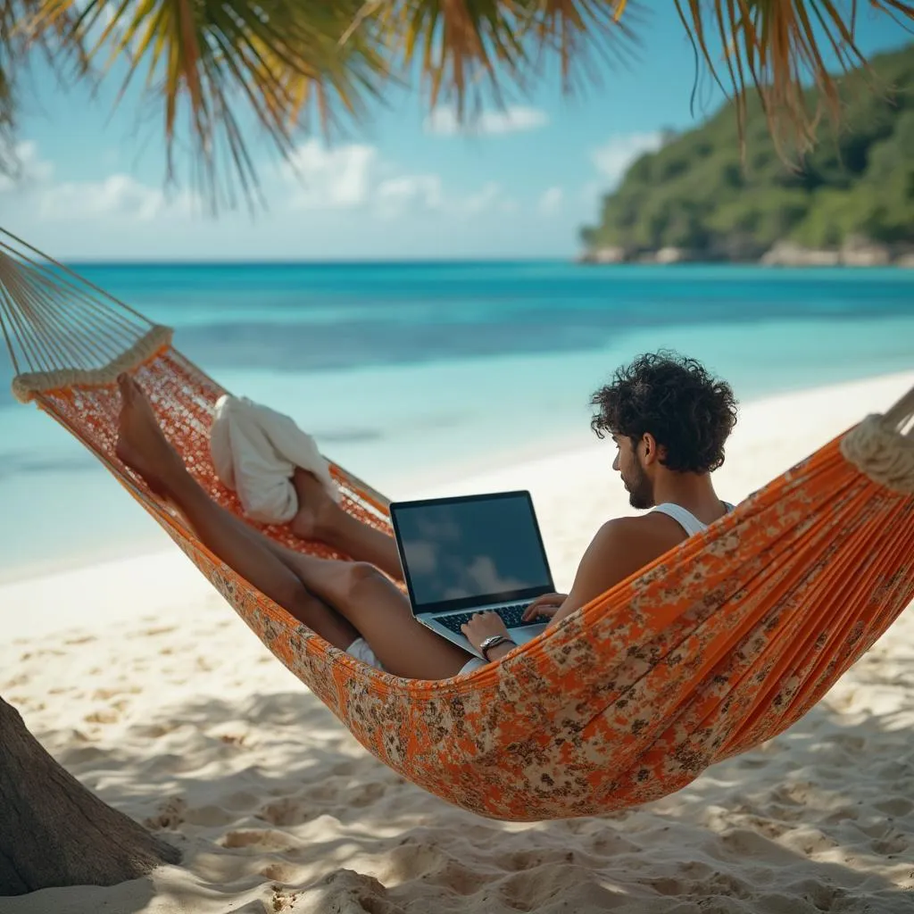 Persona trabajando remotamente en un lugar exótico